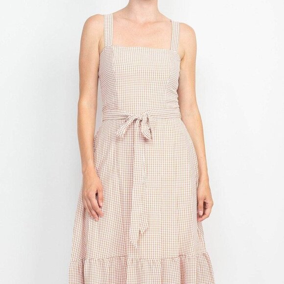 London Times Dresses & Skirts - NWT London Times Square Neck Tan Gingham Ruffle Crepe Midi Sun Dress 14P